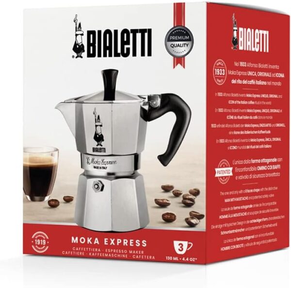 Bialetti - Moka Express: Iconic Stovetop Espresso Maker, Makes Real Italian Coffee, Moka Pot 3 Cups (4.3 Oz - 130 Ml), Aluminium, Silver