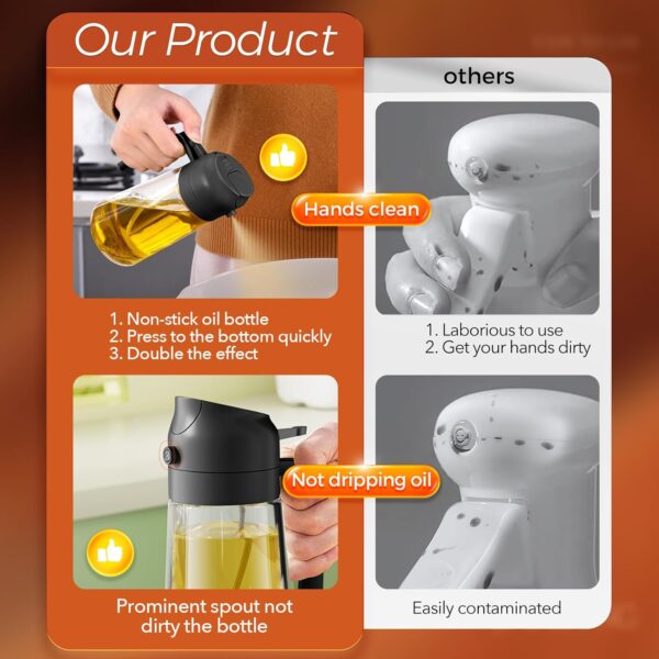 YARRAMATE Olive Oil Dispenser, 2 in 1 Oil Sprayer for Cooking, 16oz/470ml Glass Oil Spray Bottle with Pourer, Food-grade Oil Dispenser and Oil Sprayer for Kitchen, Salad, Frying, BBQ (Black) - Image 6