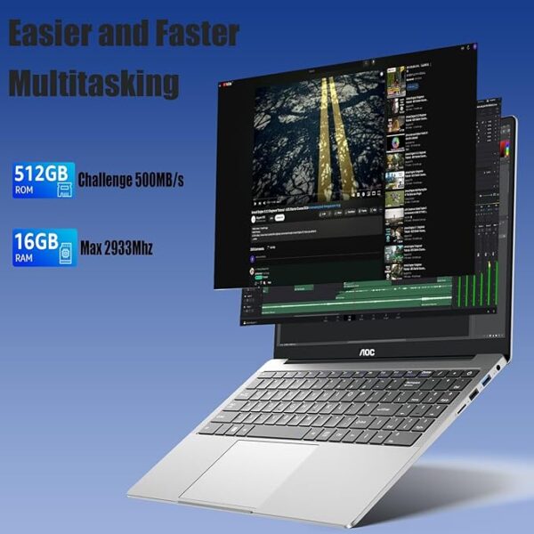 AOC Laptop, lntel N97, Up to 3.6 GHz, 16 GB DDR4, 512 GB SSD (Supports Extension 2 TB), 15.6 Inch Notebook Gaming, Win 11 Computer, Metal Housing, 180° Rotation, HDMI, WiFi - Image 6