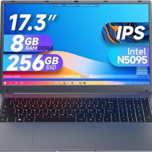 IJKKJI 17 Inch Laptop, 8GB RAM 256GB SSD Laptop with Celeron Quad Core N5095 (up to 2.9GHz), German Keyboard, IPS FHD Display, Webcam, Dual WiFi, Bluetooth 4.2, HDMI, USB 3.0, Type-C