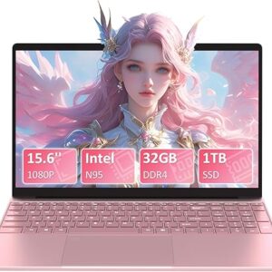 Auusda 15.6 Inch Full HD Laptop, 32GB DDR4 RAM 1TB SSD, N95 Up to 3.4GHz with Fingerprint Unlock Notebook, Cooling Fan, Webcam, Dual Speakers, Mini HDMI, Student/Business Laptop - Pink