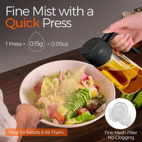 YARRAMATE Olive Oil Dispenser, 2 in 1 Oil Sprayer for Cooking, 16oz/470ml Glass Oil Spray Bottle with Pourer, Food-grade Oil Dispenser and Oil Sprayer for Kitchen, Salad, Frying, BBQ (Black) - Image 3