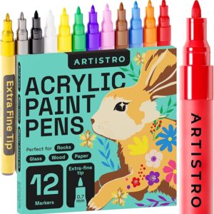 ARTISTRO 12 Acrylic Paint Pens, Art Set Acrylic Paint Markers, Fabric Markers for Textile, Canvas, Rock, Glass, Wood, Paper, Pumpkin, DIY, Paint Markers for Kids and Adults (Extra Fine Tip)