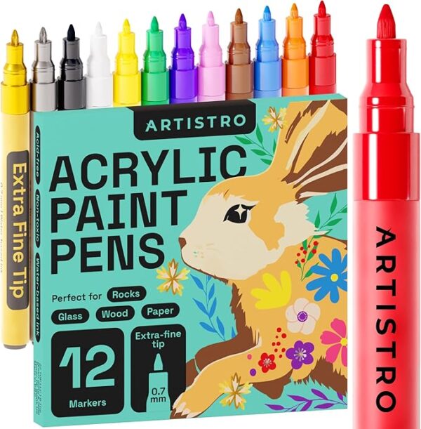 ARTISTRO 12 Acrylic Paint Pens, Art Set Acrylic Paint Markers, Fabric Markers for Textile, Canvas, Rock, Glass, Wood, Paper, Pumpkin, DIY, Paint Markers for Kids and Adults (Extra Fine Tip)