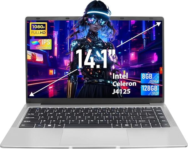 14 Inch Silver Laptop, FHD IPS Display, Celeron J4125, 8GB DDR4, 128GB SSD, [Win 11 Pro & Office 365], Ultra Thin, 180° Opening, USB 3.0, BT, Perfect for Study and Work (128GB) - Image 2