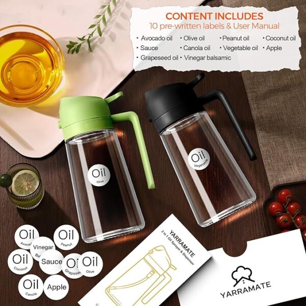 YARRAMATE Olive Oil Dispenser, 2 in 1 Oil Sprayer for Cooking, 16oz/470ml Glass Oil Spray Bottle with Pourer, Food-grade Oil Dispenser and Oil Sprayer for Kitchen, Salad, Frying, BBQ (Black) - Image 2