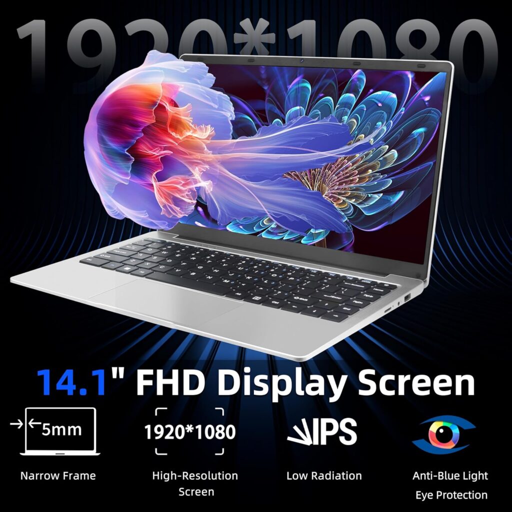 14 Inch Silver Laptop, FHD IPS Display, Celeron J4125, 8GB DDR4, 128GB SSD, [Win 11 Pro & Office 365], Ultra Thin, 180° Opening, USB 3.0, BT, Perfect for Study and Work (128GB)
