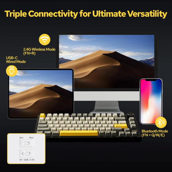 Ajazz AK820 Pro Gaming Mechanical Keyboard Bluetooth/ Wireless/Wired Customized Keyboard with TFT Color Screen Knob 136 Keycaps - Image 5