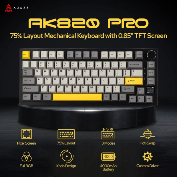 Ajazz AK820 Pro Gaming Mechanical Keyboard Bluetooth/ Wireless/Wired Customized Keyboard with TFT Color Screen Knob 136 Keycaps - Image 3