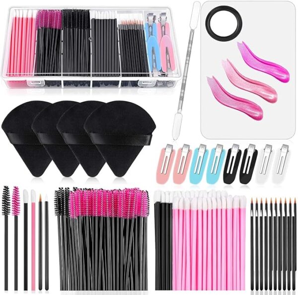 Disposable Makeup Applicators Kit with Triangle Puff Mixing Palette, Artist Supplies Disposable Mascara Wands, Lip Brushes, Hair Clips Powder Puffs for Face with Storage Box - Image 8