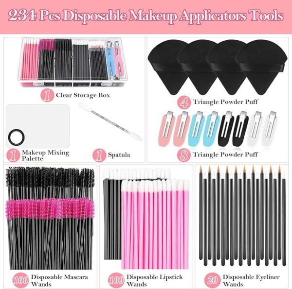 Disposable Makeup Applicators Kit with Triangle Puff Mixing Palette, Artist Supplies Disposable Mascara Wands, Lip Brushes, Hair Clips Powder Puffs for Face with Storage Box - Image 7