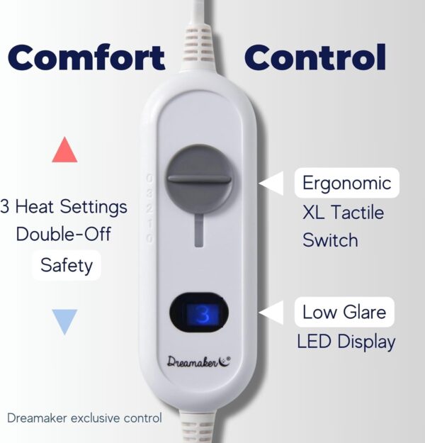 Dreamaker Dual Control Washable Fitted Electric Blanket 3 Heat Setting Safety Overheat Protection Machine Washable Underblanket White Queen - Image 5
