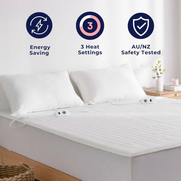 Dreamaker Dual Control Washable Fitted Electric Blanket 3 Heat Setting Safety Overheat Protection Machine Washable Underblanket White Queen - Image 9