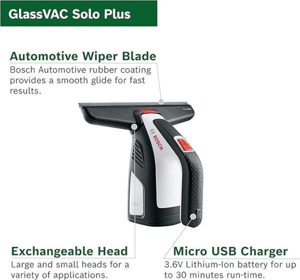 Bosch 3.6V Cordless Window & Glass Cleaner Vacuum 266 mm Streak Free with Spray Applicator & Microfibre Cloth (GlassVAC Solo Plus) - Image 5