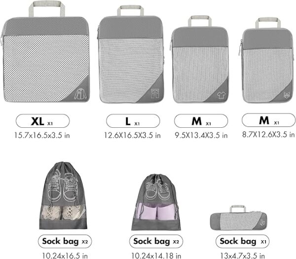 9pcs Compression Packing Cubes Set, Ultralight Expandable Travel Organizers for Carry on Luggage,Waterproof Cubes,Travel Packing Cubes for Suitcases (Grey) - Image 4
